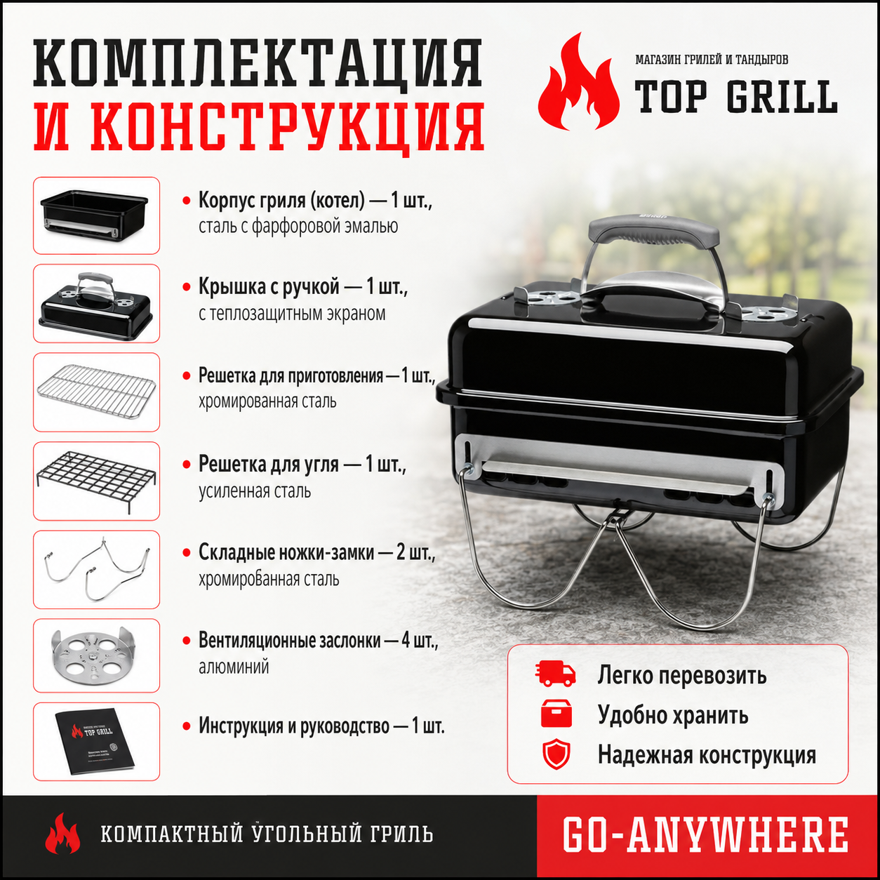Портативный угольный гриль Go – Anywhere в черном цвете